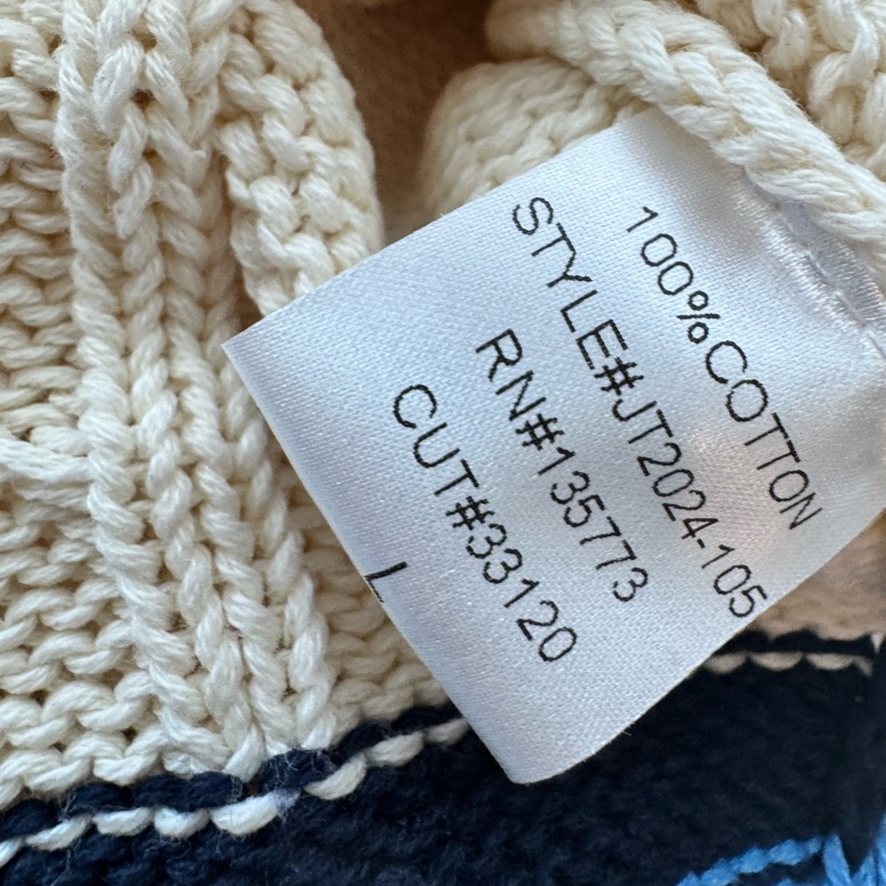 Olivaceous Cable Knit V-Neck Sweater Cream Blue Striped Preppy Large - Picture 2 of 4